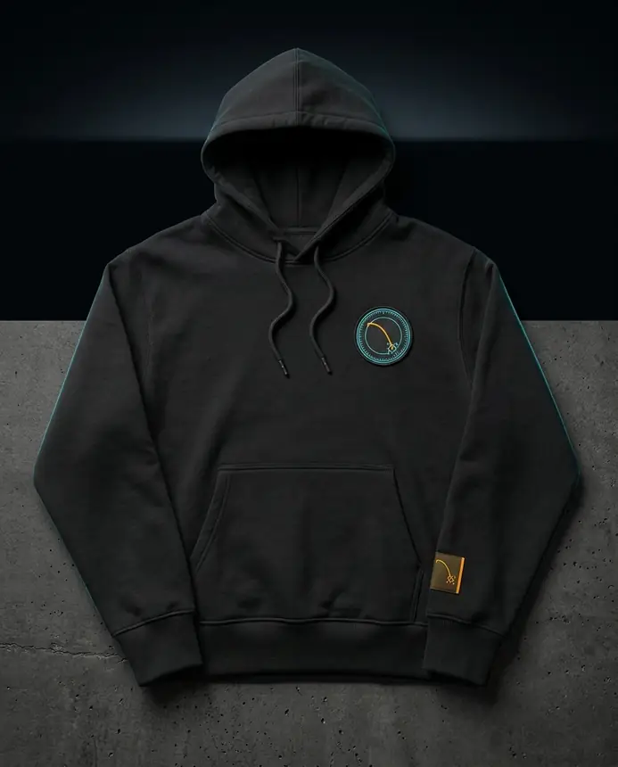 APYTR loopback hoodie in range black with chest crest patch and amber cuff tab