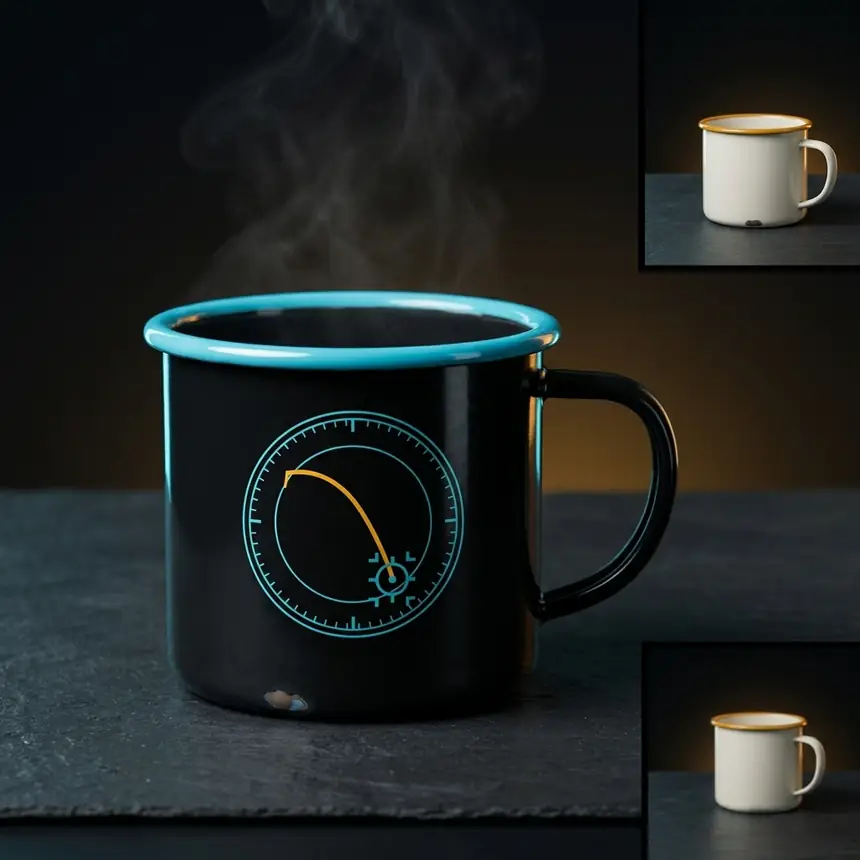 Black enamel camp mug with cyan rim and crest, plus bone colorway insets