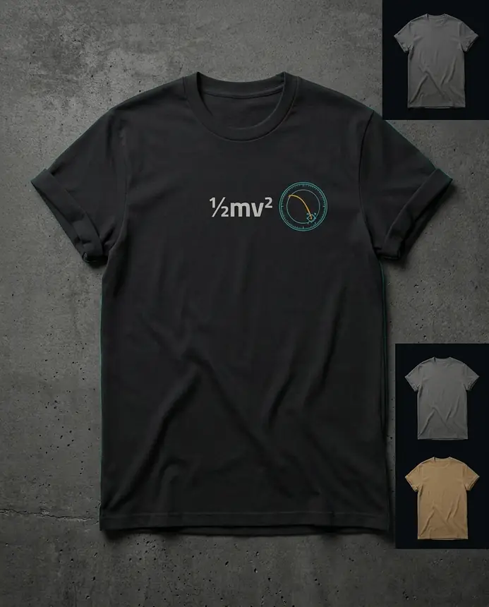 Black tee with half-m-v-squared and crest chest print, colorway insets