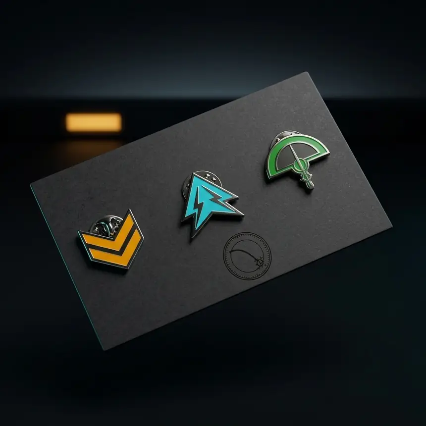 Three hard-enamel program pins on a dossier card embossed with the crest