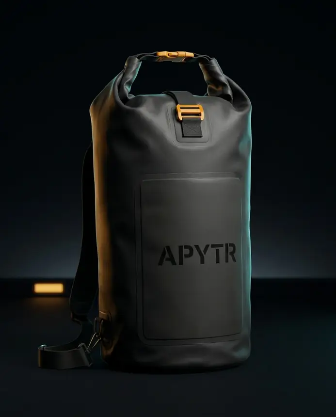 Matte black roll-top dry bag with amber buckle and tonal APYTR stencil